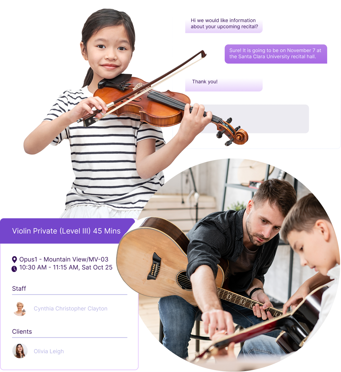 homepage-graphic-1x Composite image showing various parts of the Opus1 product and images of a student with violin and a guitar student and music teacher